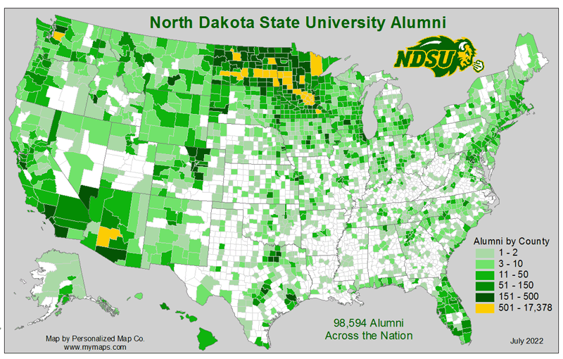 Map image: North Dakota State University Alumni | There are 98,594 Alumni across the nation