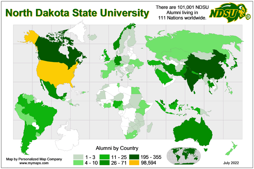 Map image: North Dakota State University | There are 101,001 NDSU Alumni living in 111 Nations worldwide