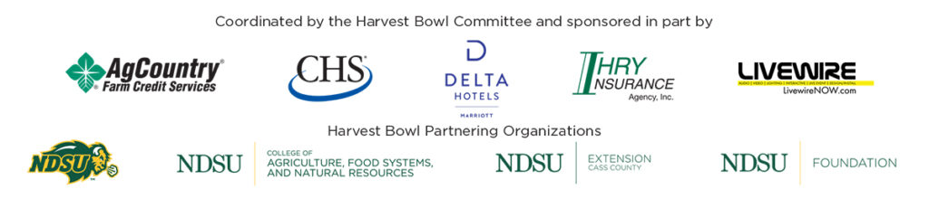 Graphic: Sponsors of the 2024 Harvest Bowl Awards Dinner | Includes: AgCountry Farm Credit Services, CHS, Delta Hotels by Marriott, IHRY Insurance, Livewire, NDSU, NDSU College of Agriculture, NDSU Extension Cass County, and NDSU Foundation