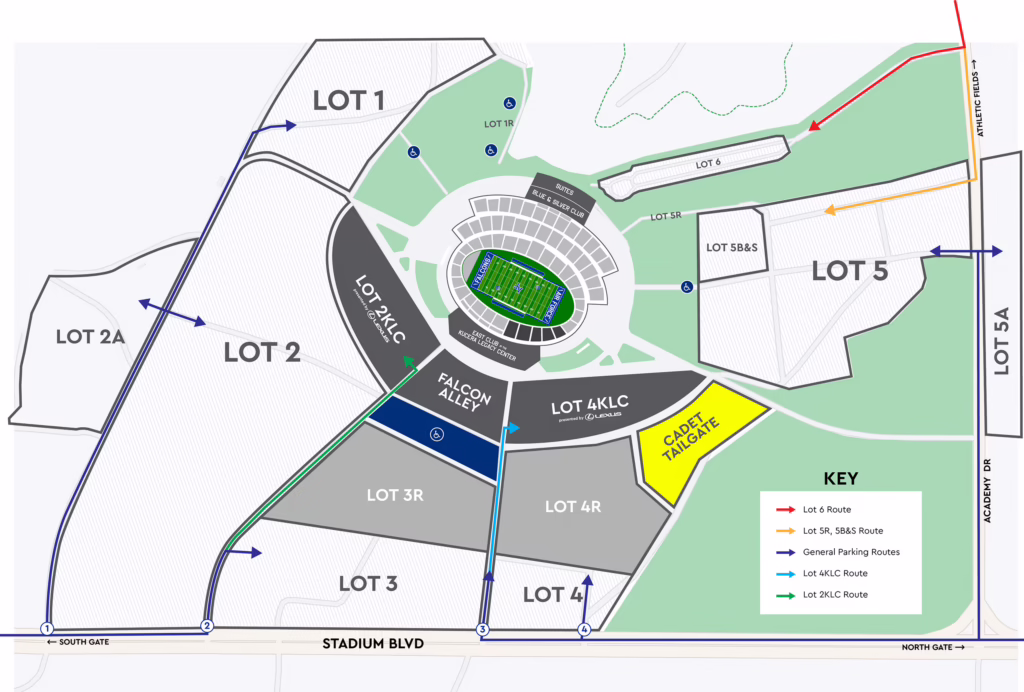 The parking map for Faclon Stadium in Colorado Springs, Colorado.