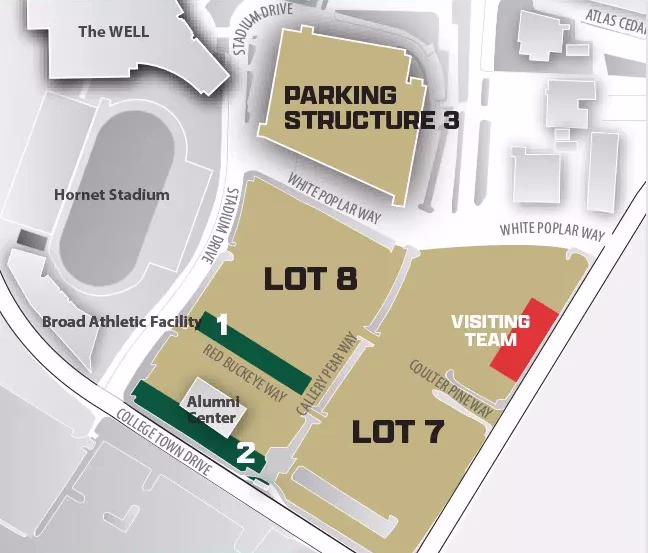 A parking map for Hornet Stadium in Sacramento, California.